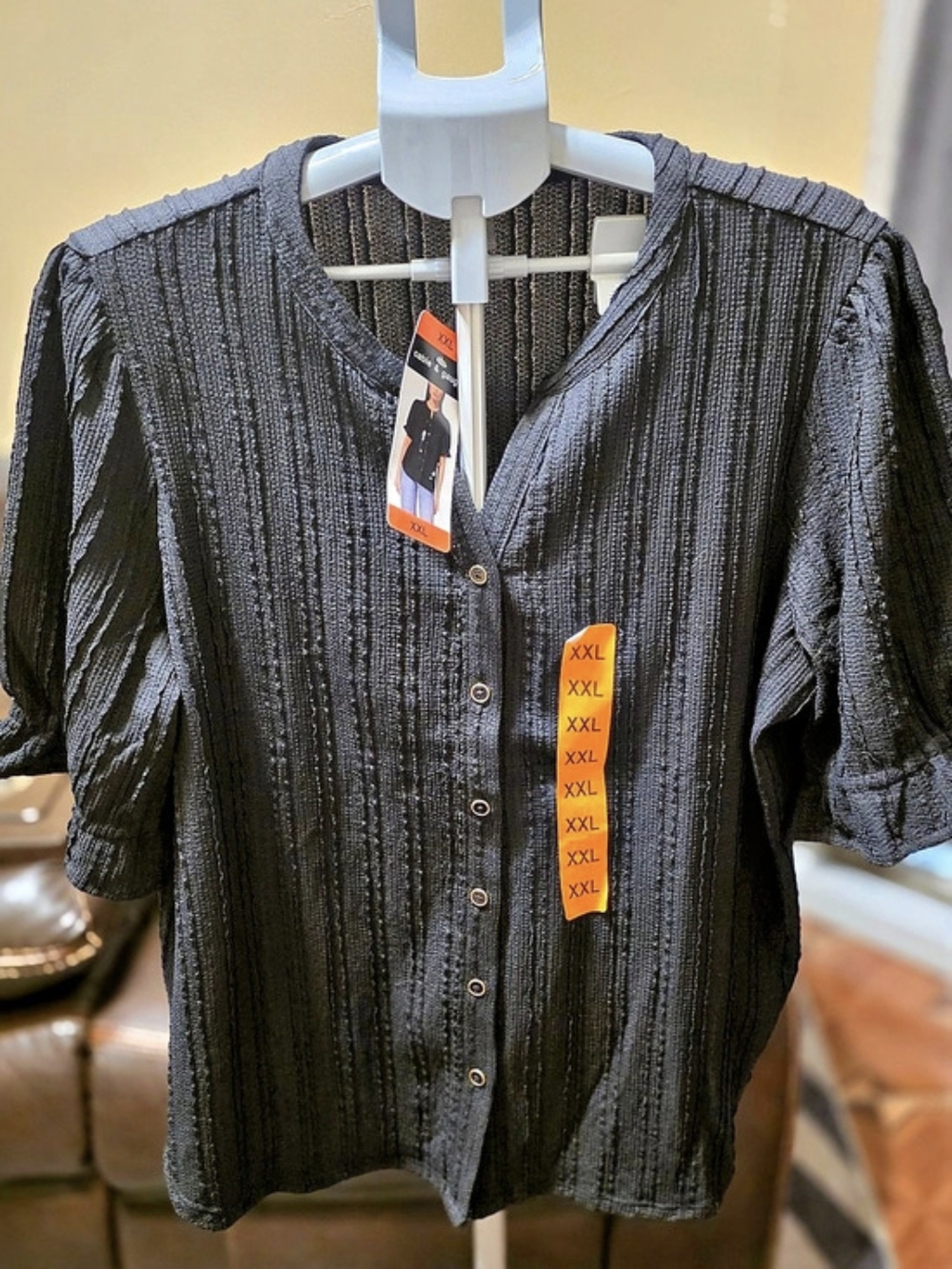 cable & gauge Ladies' Button Front Blouse Textured Striped Black XXL